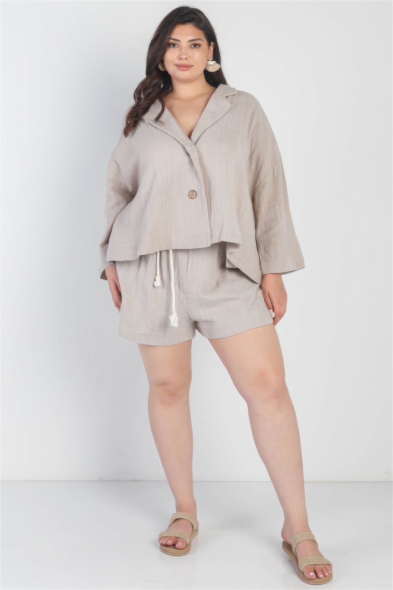 Plus Grey Button-up Collared Neck Blazer High Waist Shorts Set