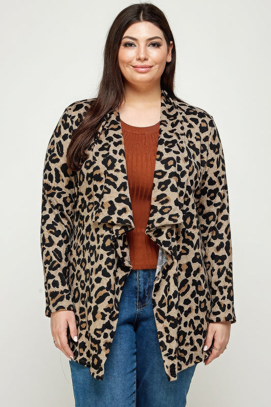 Plus Size, Animal Leopard Printed Knit Cardigan