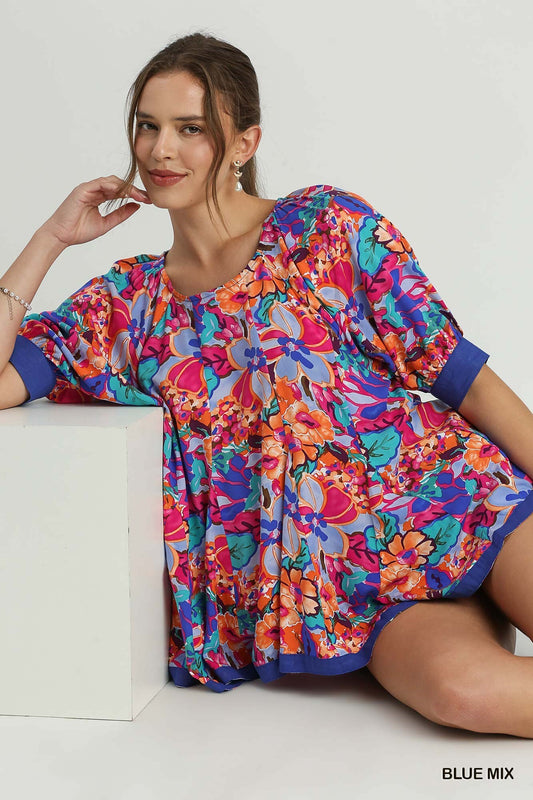 Floral Print Round Neck Pleated Baby Doll Top With 3/4 Sleeves