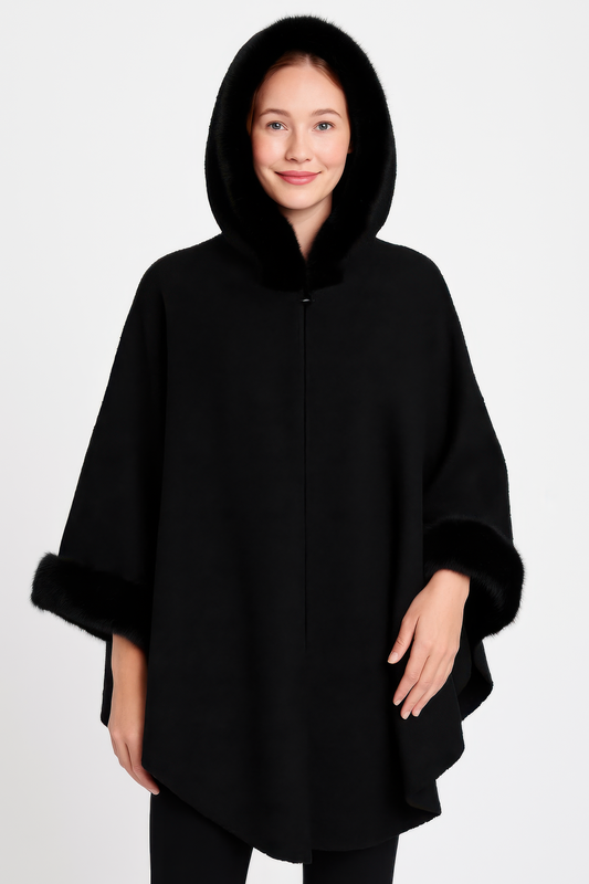 CC Diva Designs Hooded Faux Fur Trim Cape