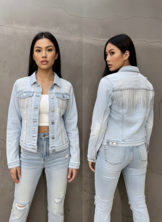 CC Diva Designs Distressed Jean Jacket With Rhinestone Fringe