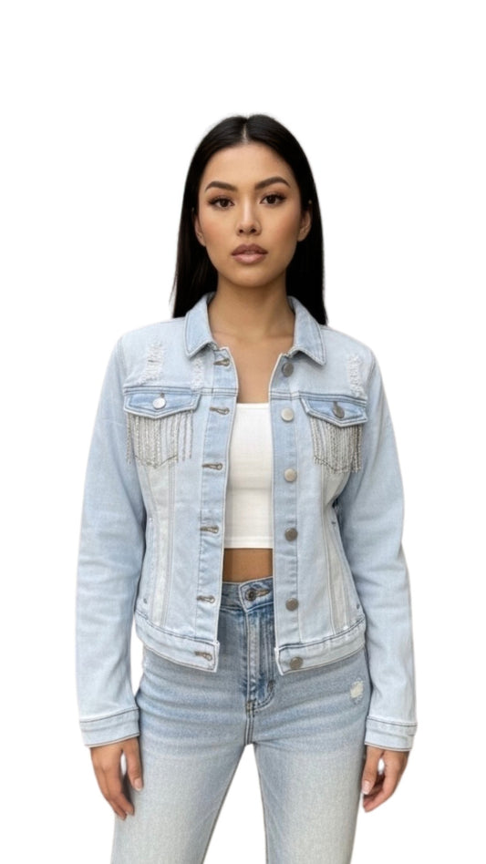 CC Diva Designs Distressed Jean Jacket With Rhinestone Fringe