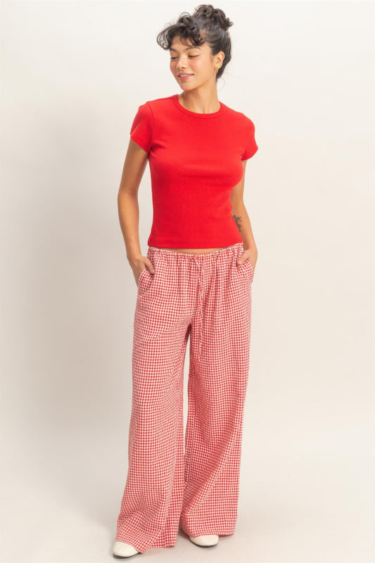 CC Diva Designs Gingham Drawstring Wide-leg Pants