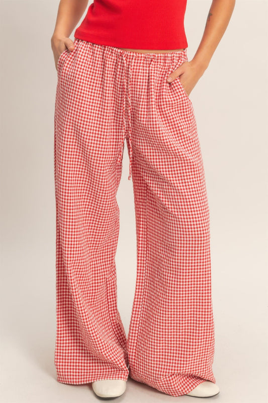 CC Diva Designs Gingham Drawstring Wide-leg Pants